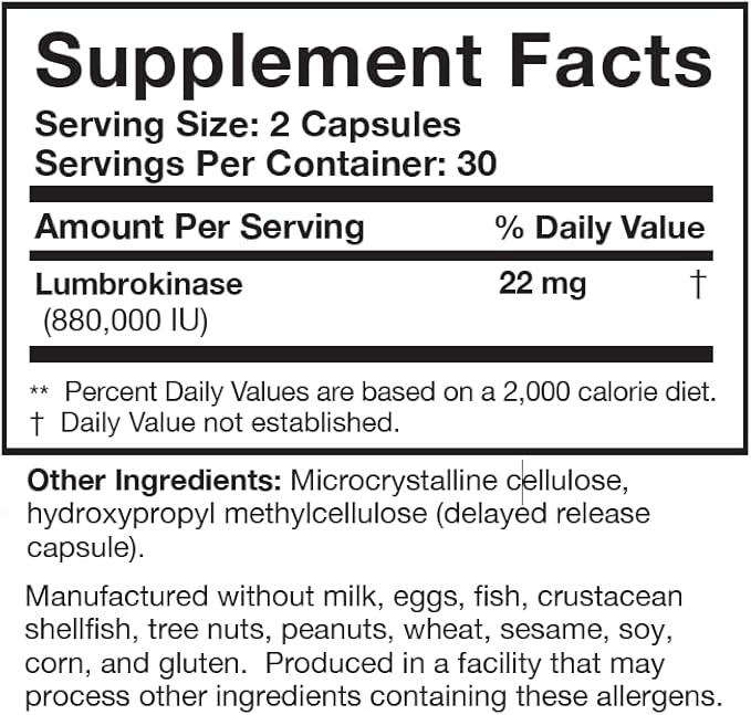 Researched Nutritionals Lumbrokinase Supplement - Enzyme Nutritional Supplements for Circulatory Support & Fibrin Balance - High-Potency 880,000 IU with Delayed Release (60 Capsules)