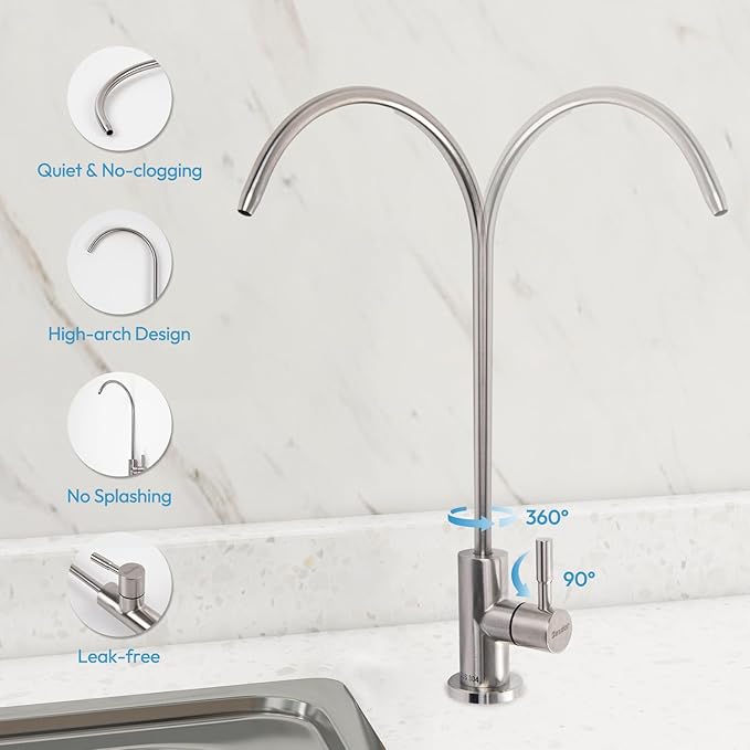 Drinking Water Faucet, Filtered Water RO Reverse Osmosis Faucet for Kitchen Sink, Non-Air Gap Lead-Free, 304 Stainless Steel, Brushed Nickel, WF2