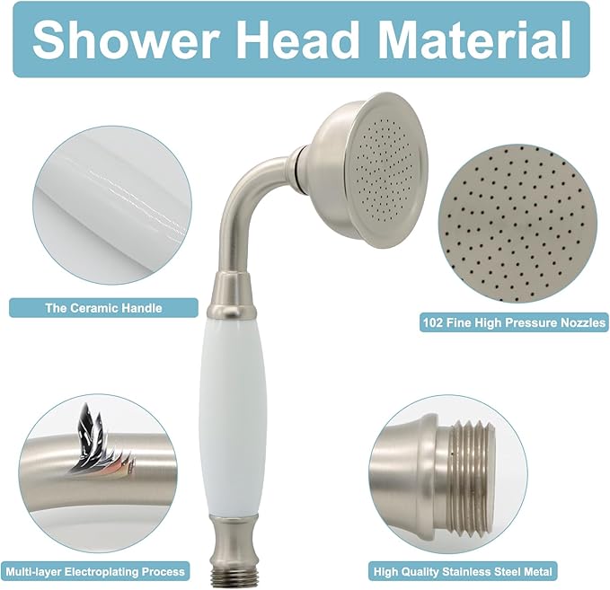 HOMEDEC Vintage Handheld Shower Head with 59inch Flexible Hose High-Pressure Antique Rain Showerhead Combo Replacement No Wand Holder, Round Telephone Shape, Brushed Nickel