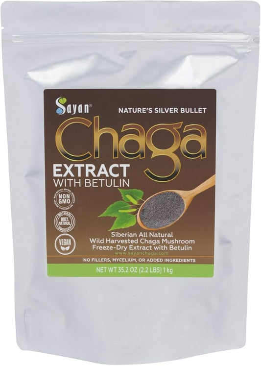 Sayan Siberian Chaga Mushroom Extract with Betulin Powder (2.2lbs)–Organic Antioxidant Blend – Support Immune System & Regulate Body Functions, Energy, Clarity, Wellness – Mix with Yogurt or Smoothies