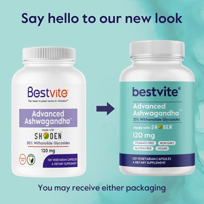BESTVITE Advanced Ashwagandha 120mg w/Shoden (120 Vegetarian Capsules) - Clinically Studied Containing Industry Leading 35% Withanolide Glycosides - No Stearates - Vegan - Non GMO - Gluten Free