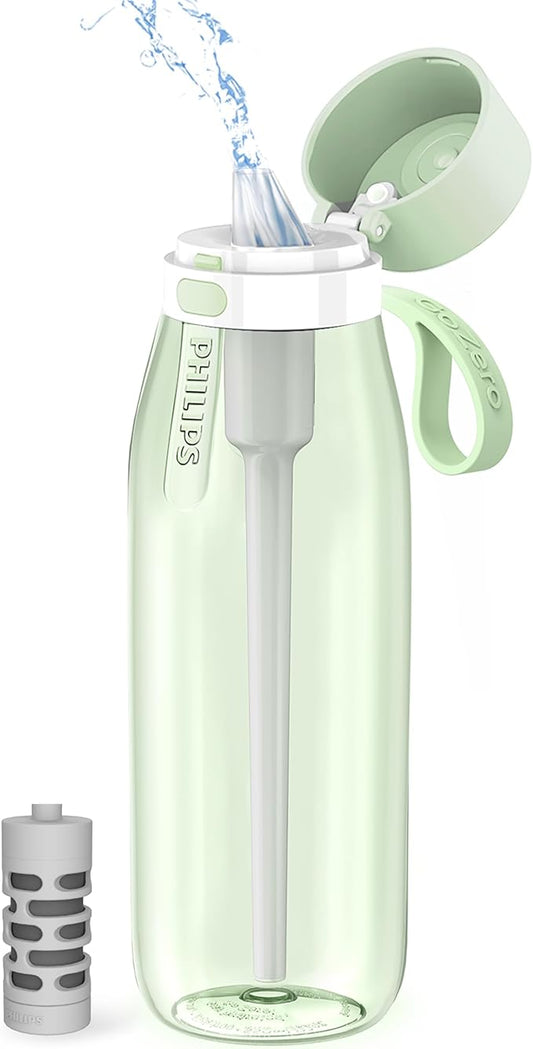 PHILIPS Filtered Water Bottle, BPA-Free Tritan Plastic Water Bottles, Replaces 450 Plastic Water Bottle with Reusable GoZero Everyday Water Filter, Portable Filtering Bottle for Travel, 36oz, Green