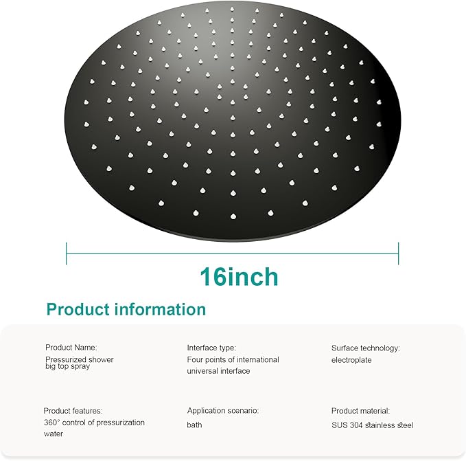 All Metal Rain Shower Head - Heavy Duty Stainless Steel, Easy Install, High Water Flow, Ultra-Thin Modern Design for Bathroom (D-Matte Black, 16)