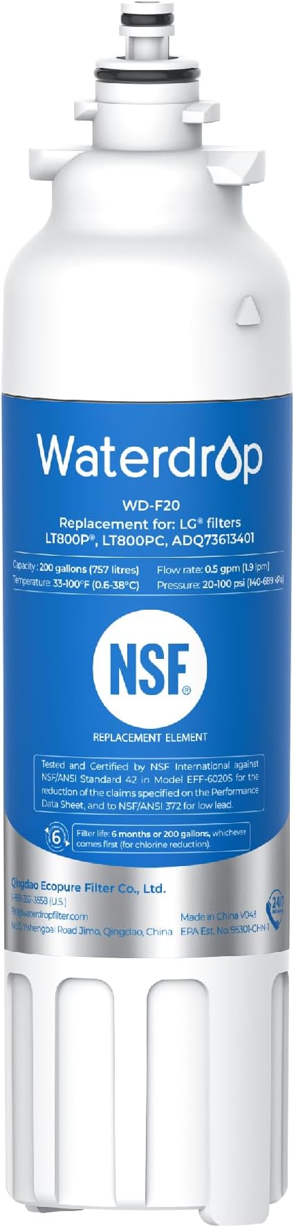 Waterdrop ADQ73613401 Replacement for LG® LT800P®, ADQ73613402, ADQ73613408, ADQ75795104, Kenmore 9490, LSXS26326S, LMXC23746S, LSXS26366S, Refrigerator Water Filter, WD-F20 (Package May Vary)