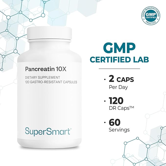 Supersmart - Pancreatin 10X 4000 per Day (Extra Strength) - Digestive Enzymes Supplement - with Protease, Lipase, Amylase, Trypsin - Healthy Digestion Support | Non-GMO & Gluten Free - 120 DR Capsules