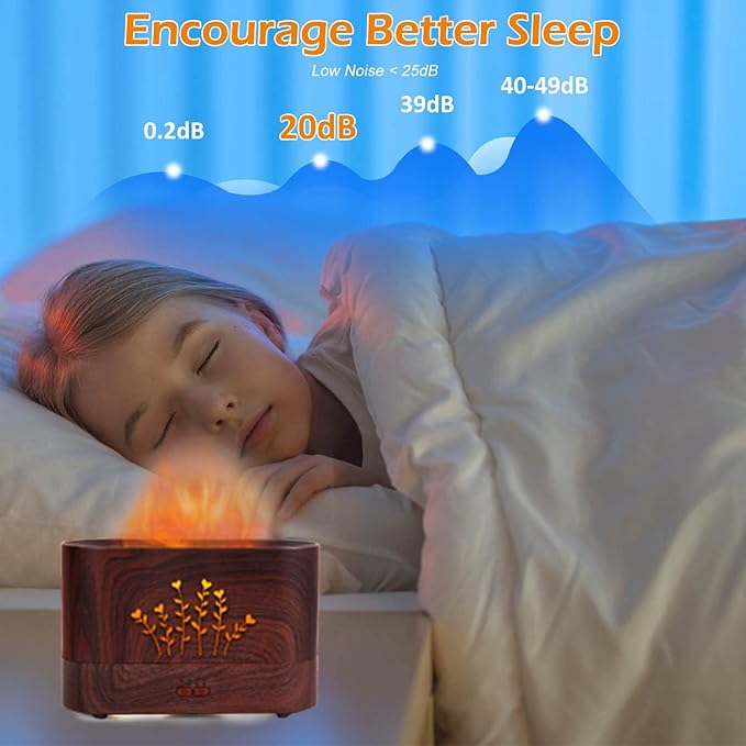 Flame Aroma Diffuser Humidifier,Auto-Off 300ml Essential Oil Diffuser for Large Room, Adjustable Brightness Air Humidifier with Timer for Home Office Spa Gym (Wood Grain)