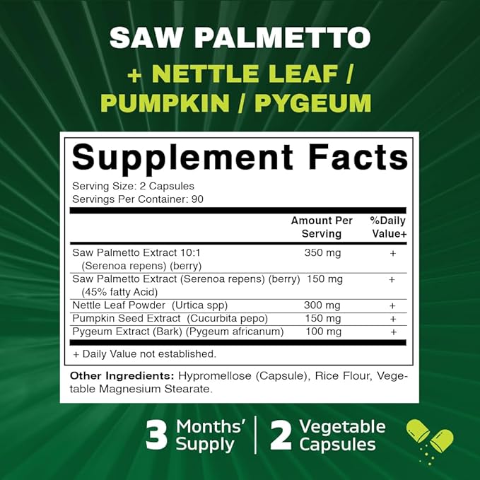Vitamatic Saw Palmetto Extract for Men & Women 180 Veg Capsules - Made with Pumpkin Seed, Pygeum, Nettle Leaf - Made in The USA - Promotes Healthy Prostate Function