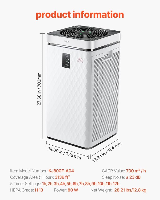 VEVOR Air Purifier for Bedroom Home, H13 HEPA Layer, 3139 ft²/h Smart Air Purifier with Speed Control & Child Lock Guard, Efficient Air Cleaner with Convenient Touch Panel & 23 dB Sleep Mode