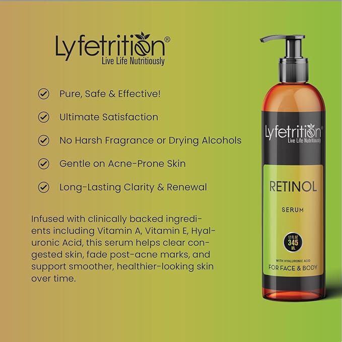 Retinol Acne Serum by Lyfetrition, Infused with Hyaluronic Acid and Vitamin C, Pomegranate & Green Tea,Face toner, Reduce Wrinkles, Pores and Fine Lines, Moisturize & Supple Skin, (12 FL oz)