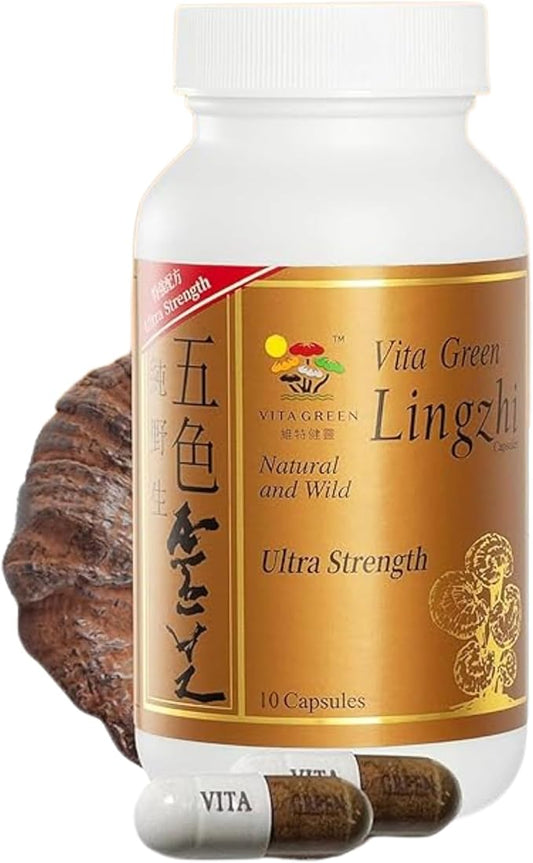 Vita Green Reishi Mushroom Capsules for Energy, Memory, and Immune Support – Pure Reishi Supplement with Natural Antioxidants for Daily Wellness and Engery – 10 Capsules