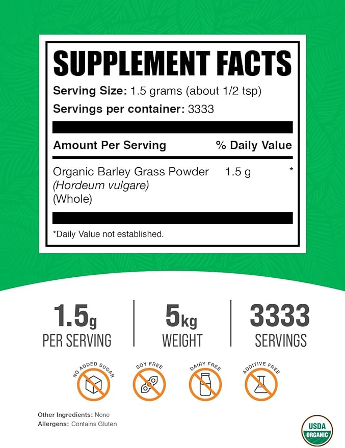 BulkSupplements.com Organic Barley Grass Powder - Green Superfood Powder, Herbal Supplement - Vegan-Friendly, 1.5g per Serving, 5kg (11 lbs) (Pack of 5)