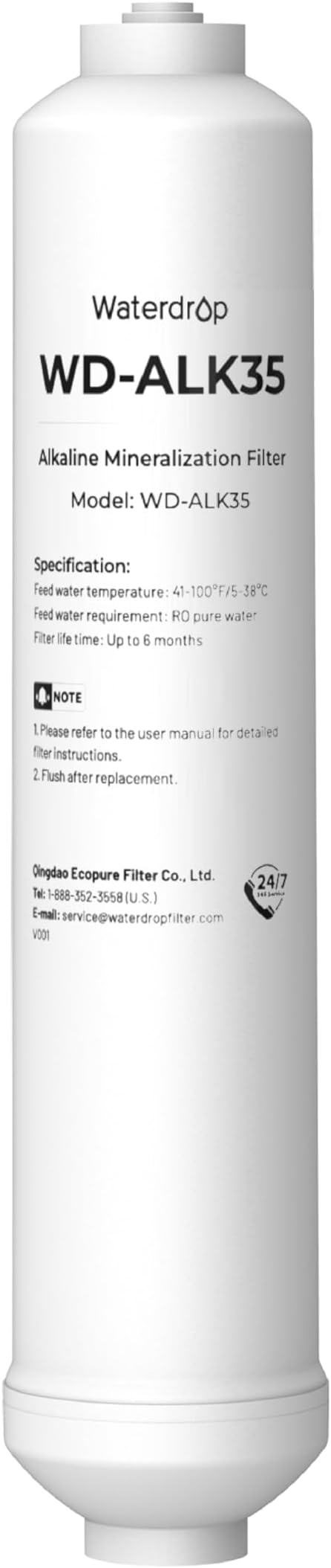 Waterdrop 𝐀𝐥𝐤𝐚𝐥𝐢𝐧𝐞 Water Filter WD-ALK35, Alkaline Filter for Reverse Osmosis System, pH Balance and Restore Minerals for RO Alkaline Filter, Under Sink Water Filter, 1/4" Quick Connect