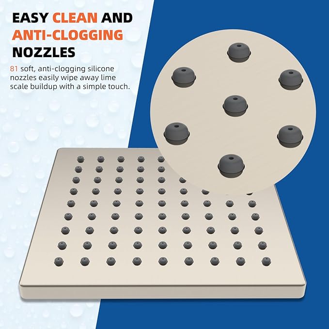 Hibbent Thickness Metal Rain Shower Head, 6'' High Pressure Rainfall Shower Head, Square Bathroom Waterfall Shower Heads, High Flow Fixed Showerheads with Adjustable Brass Ball Joint, Brushed Nickel