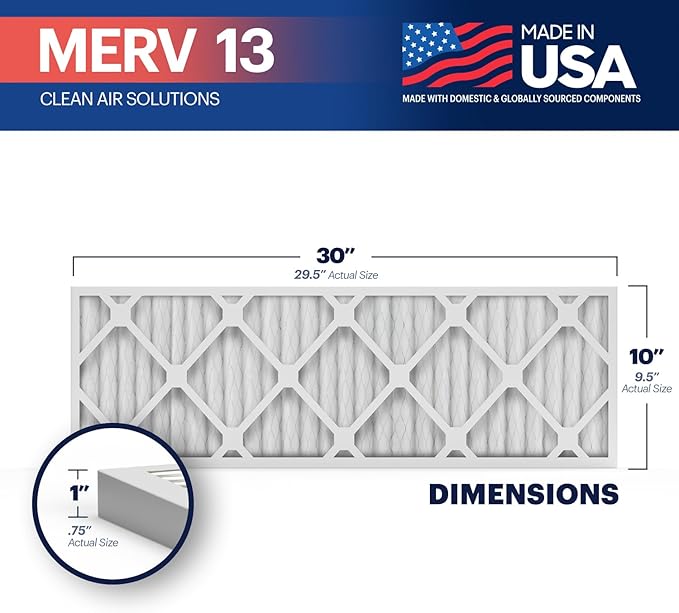 BNX TruFilter 10x30x1 Air Filter MERV 13 (4-Pack) - MADE IN USA - Electrostatic Pleated Air Conditioner HVAC AC Furnace Filters for Allergies, Pollen, Mold, Bacteria, Smoke, Allergen, MPR 1900 FPR 10