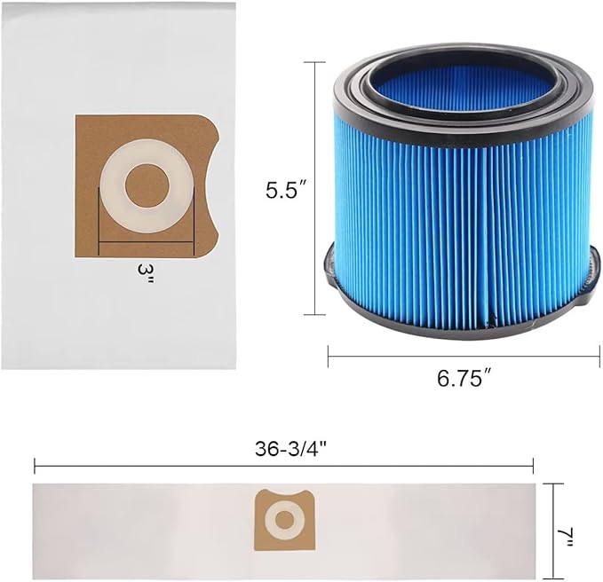 2 Pack VF3500 Filter Replacement for Ridgid Portable Vac 3-4.5 Gallon Wet Dry Vacuums + 4 Pack VF3501 Filter Bags (6 Pack)