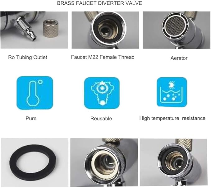Diverter Valve With Aerator M22 Female Thread, Faucet Adapter for RO Tubing, Connector for Water Diversion, Tap for Countertop Water Filter (Fits Single Way 1/4" OD Tubing)