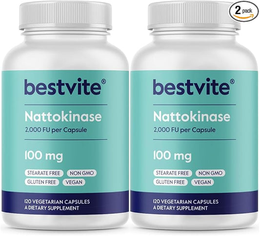BESTVITE Nattokinase 100mg (2000 FU) (240 Vegetarian Capsules)(120x2) - No Stearates - Vegan - Non GMO - Gluten Free