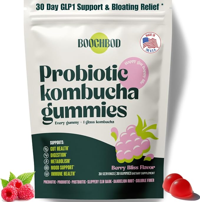 Probiotic Kombucha Gummy - Prebiotics, Probiotics, Postbiotics, Fiber Supplement, Slippery Elm, Dandelion Root, MCT Oil, for Bloating, Gut Health - Probiotics for Women, Probiotics for Men