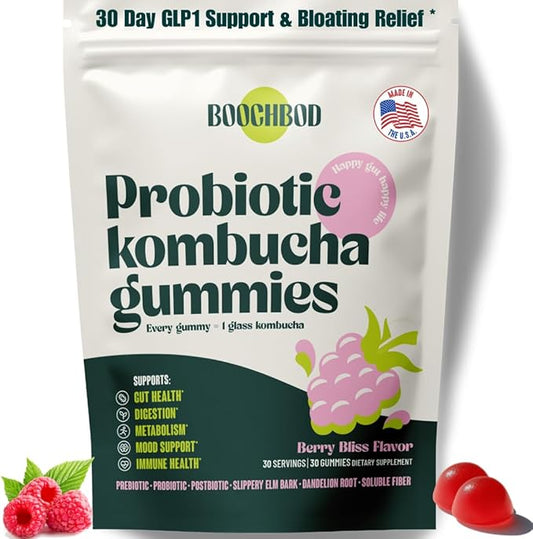 Probiotic Kombucha Gummy - Prebiotics, Probiotics, Postbiotics, Fiber Supplement, Slippery Elm, Dandelion Root, MCT Oil, for Bloating, Gut Health - Probiotics for Women, Probiotics for Men