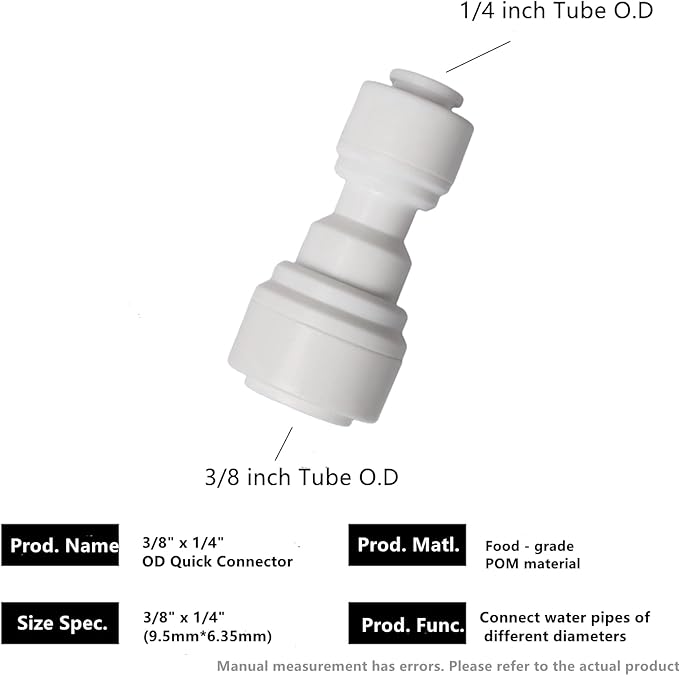 10 PCS OD Reducing Union Connector 1/4 inch to 3/8 inch OD Quick Straight Push Connector Water Tube Pipe Fitting Kit for RO Water Systems Purifiers Filters