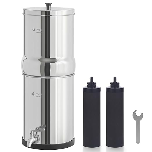 1.5G Stainless Steel Gravity-Fed Water Filter System with 2 Black Purification Filter and Metal Spigot, NSF/ANSI 42 Certification, Reduces up to 99% of Chlorine, for Home, Camping, Outdoor