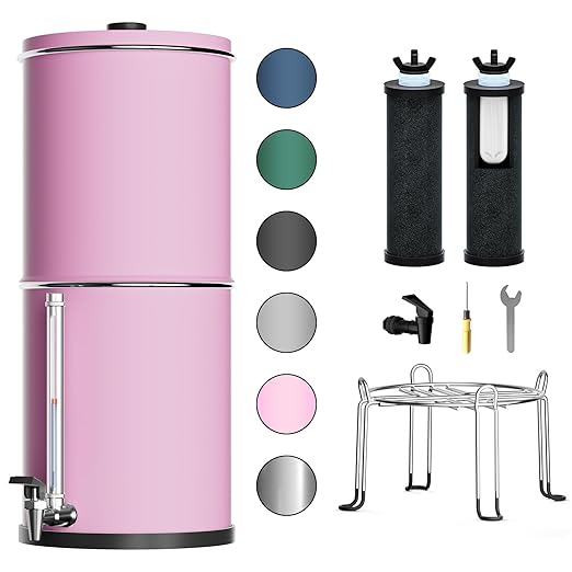 Purewell 3-Stage 0.01μm Ultra-Filtration Gravity Water Filter System, 304 Stainless Steel Countertop System with 2 Filters, Metal Water Level Spigot and Stand, Reduce 99% Chlorine, 2.25G, PW-OB-K