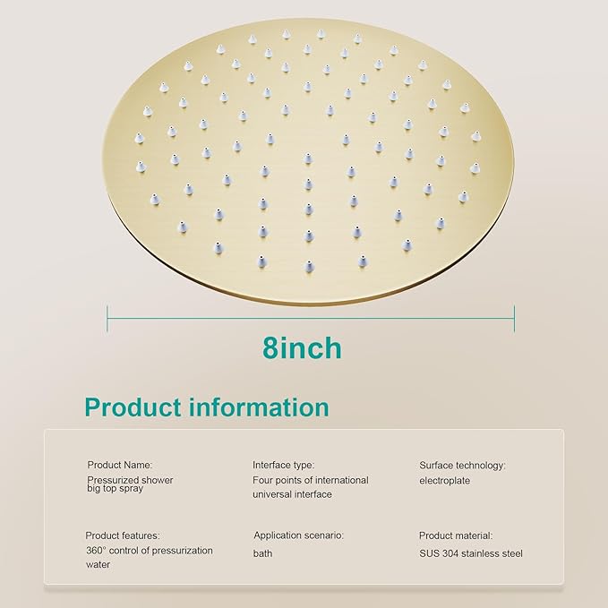 All Metal Rain Shower Head - Heavy Duty Stainless Steel, Easy Install, High Water Flow, Ultra-Thin Modern Design for Bathroom (F-Brushed Gold, 8)