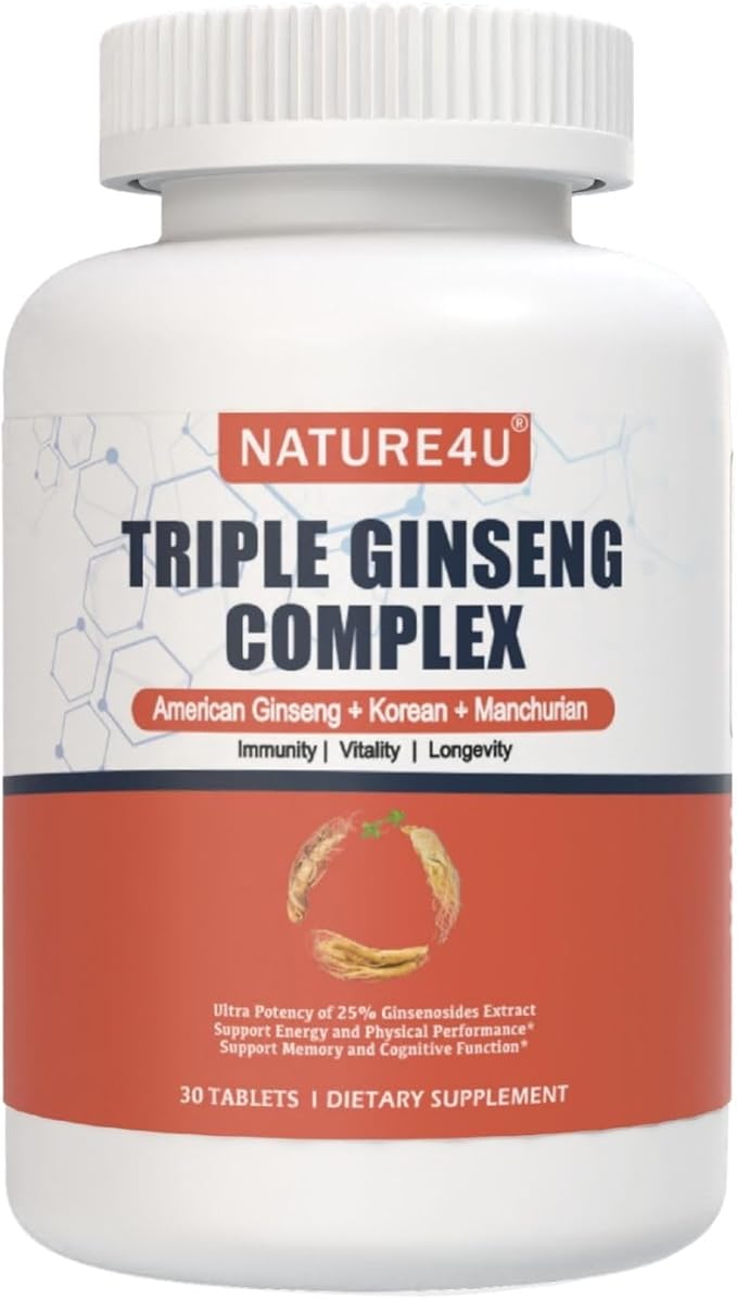 Triple Ginseng Complex, Ultra Potency 15% Ginsenosides from 3 Panax Ginseng Extract for Energy, Memory, Vitality & Immune Support, Healthy Aging for Elderly, 30 Tablets