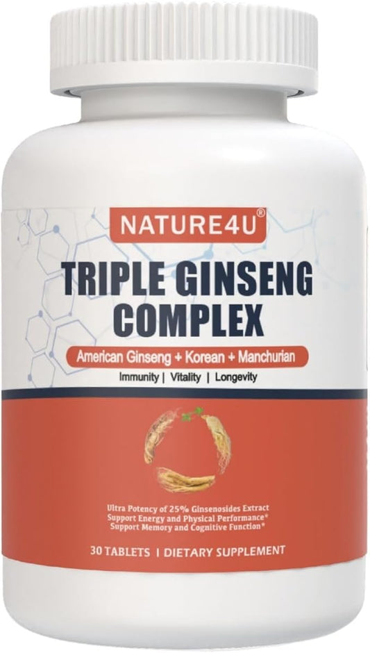 Triple Ginseng Complex, Ultra Potency 15% Ginsenosides from 3 Panax Ginseng Extract for Energy, Memory, Vitality & Immune Support, Healthy Aging for Elderly, 30 Tablets