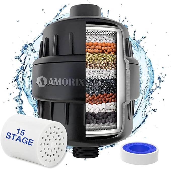 15 Stage Shower Head Filter for Hard Water - Black Shower Water Filter Reduces Chlorine, Improves Skin Condition