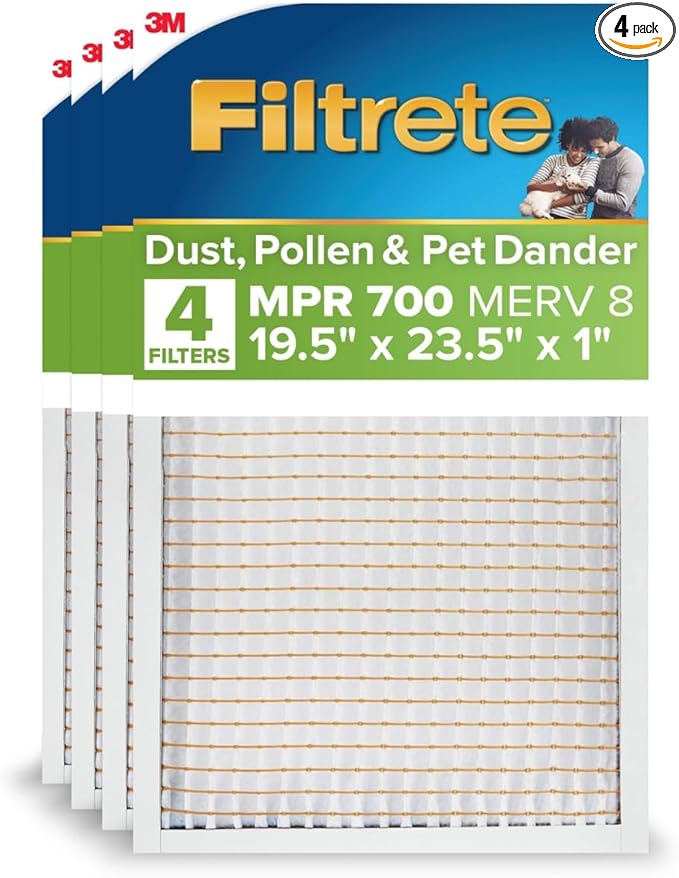 Filtrete 19.5x23.5x1 AC Furnace Air Filter, MERV 8, MPR 700, Tough on Pollen, Easy on Airflow, 3-Month Pleated 1-Inch Electrostatic Air Cleaning Filter, 4-Pack (Actual Size 19.31 x 23.31 x 0.81 in)