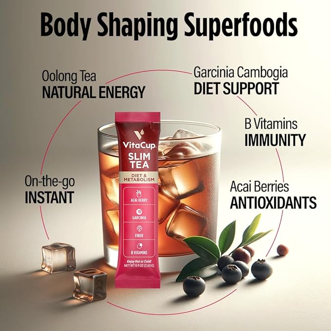 VitaCup Slim Instant Tea Packets For Diet Support, Oolong tea w/B Vitamins, Garcinia, Inulin & Acai, On-the-go Instant Sticks, 72 Ct