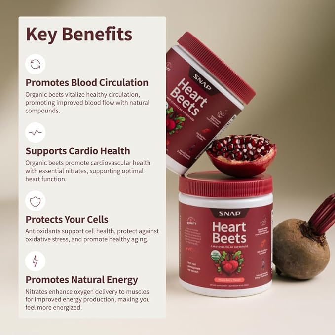 Snap Supplements Heart Beets, Organic Beet Root Powder, Cardiovascular Support Supplement for Men & Women, Beets, Pomegranate, B Vitamins & Red Spinach, Heart Health Support, 30 Servings, Mixed Berry