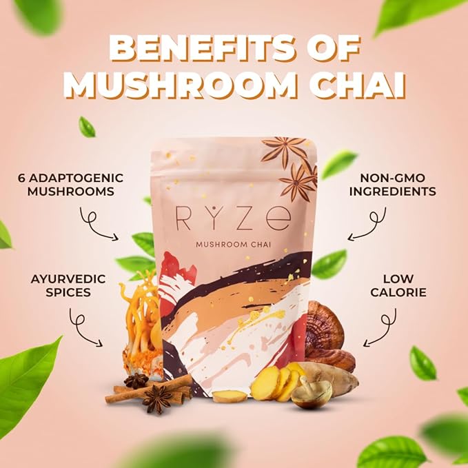 RYZE SUPERFOODS Mushroom Chai with 6 Organic Adaptogenic Mushrooms for Better Energy, Focus, Digestion, Immunity with USA Grown Lion's Mane, Turkey Tail, Shiitake, Reishi - Gluten Free, 20 Servings