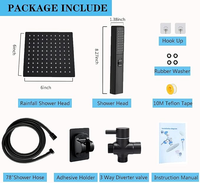 6'' Square High Pressure Rain Black Shower Heads with Handheld Spray Combo. Equipped with 78" Leakproof Hose, 3 Way Diverter Valve, Adhesive Shower Head Holder, Double Shower Head Set, AWAXFOLO