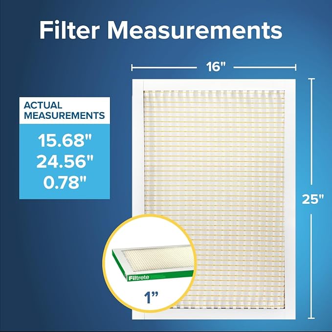 Filtrete 16x25x1 AC Furnace Air Filter, MERV 8, MPR 700, Tough on Pollen, Easy on Airflow, 3-Month Pleated 1-Inch Electrostatic Air Cleaning Filter, 4-Pack (Actual Size 15.69 x 24.69 x 1.56 in)
