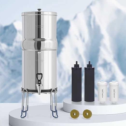 Gravity-Fed Water Filter System, 3.25G Stainless-Steel Countertop System with 2 Black NSF/ANSI 42 Certification Elements, 2 Fluoride, Metal Water Level Spigot, Reduces Fluoride and Chlorine