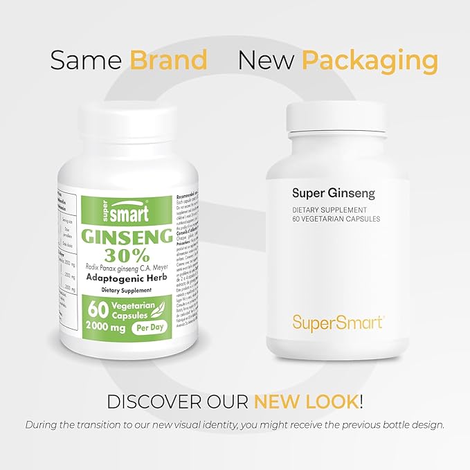 Supersmart - Ginseng 30% 2000mg per Day (High Strength) - Radix Panax Ginseng Supplement - Ginseng CA Meyer 30% Ginsenosides | Non-GMO & Gluten Free - 60 Vegetarian Capsules