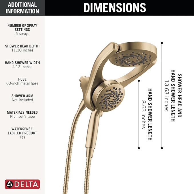 Delta 5-Setting HydroRain 2-in-1 Dual Shower Head with ProClean Spray, Brushed Gold High Pressure Shower Head with Handheld Spray, 1.75 GPM Flow Rate, Champagne Bronze 75419CZ