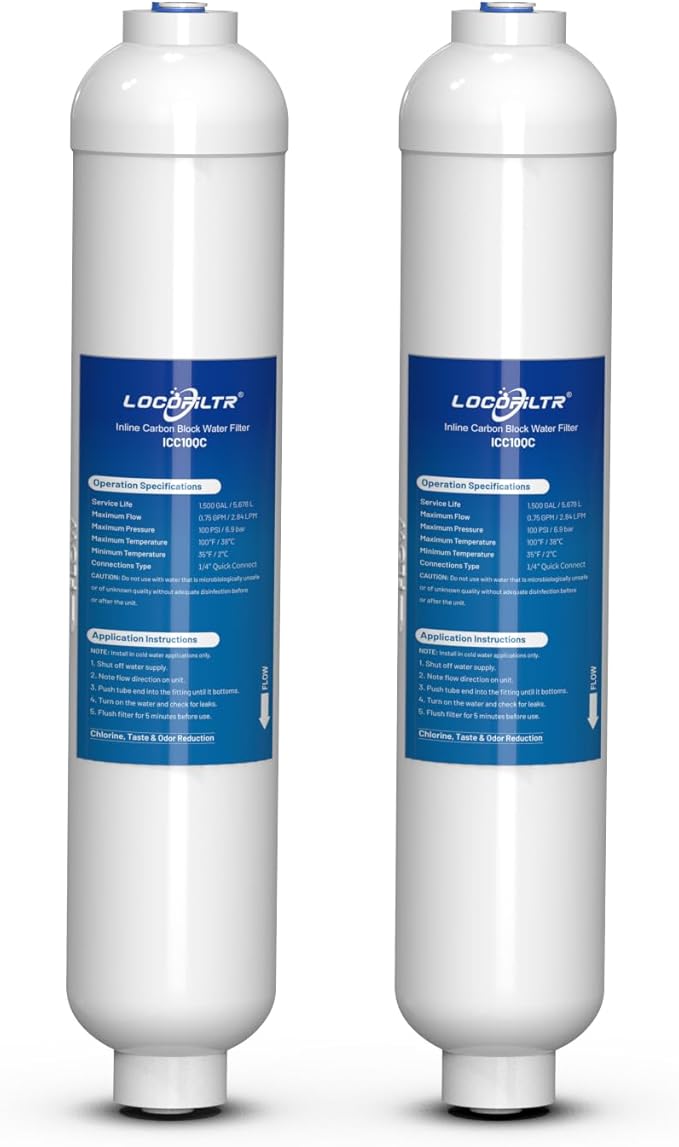 Inline Activated Carbon Block Water Filter with 1/4" Quick Connect, T33 In Line Water Filter Replacement Cartridge for Icemaker, Post Carbon Filter for RO Reverse Osmosis Water System (Pack of 2)