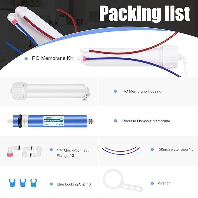 100GPD Reverse Osmosis Membrane Kit with RO Membrane Housing,Wrench,1/4" Quick-Connect Fittings,Check Valve and Water Pipe Replacement for Under Sink Home Drinking RO Water Filter System