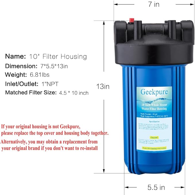 Geekpure 10-Inch Whole House Water Filter Housing 4.5"x10"1-Inch Outlet/Inlet with Wrench and Bracket-Blue Color (3)