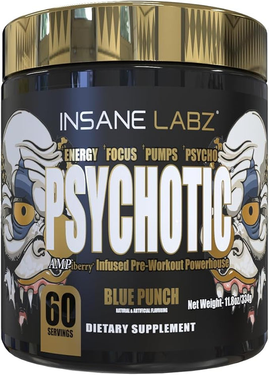 Insane Labz Psychotic Gold, High Stimulant Pre Workout Powder, Extreme Lasting Energy Focus, Pumps and Endurance with Beta Alanine, DMAE Bitartrate, NO Booster (60 Servings, Blue Punch)