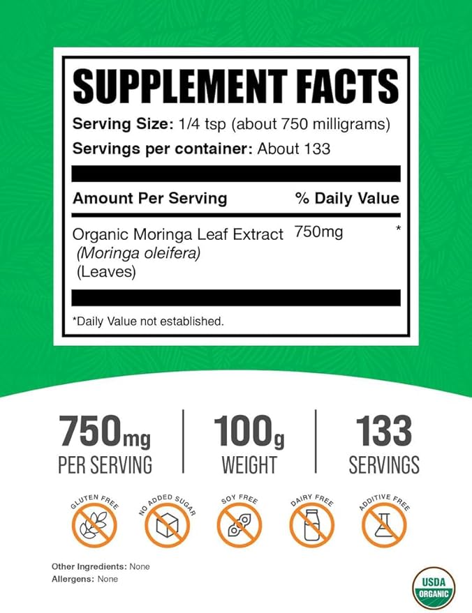 BulkSupplements.com Organic Moringa Extract Powder - Superfood Supplement, from Moringa Oleifera - Vegan & Gluten Free, 750mg per Serving, 100g (3.5 oz) (Pack of 1)