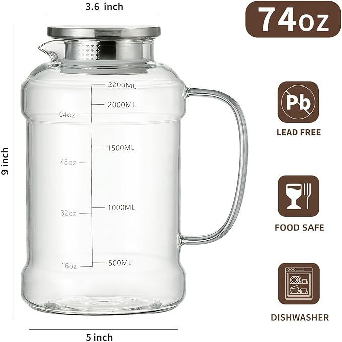 Glass Pitcher with Lid, 2 PACK 74 oz/2.2L Water Pitcher, Clear Borosilicate Glass Water Carafe for Cold Brew, Coffee, Lemonade, Iced SunTea,Beverage, Heat Resistant Water Glass Jug