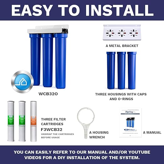 iSpring Whole House Water Filter System, Highly Reduces up to 99% Chlorine, Sediment, Taste, Odor, 3-Stage Whole House Water Filtration System, Model: WCB32O, 3/4" NPT Inlet/Outlet