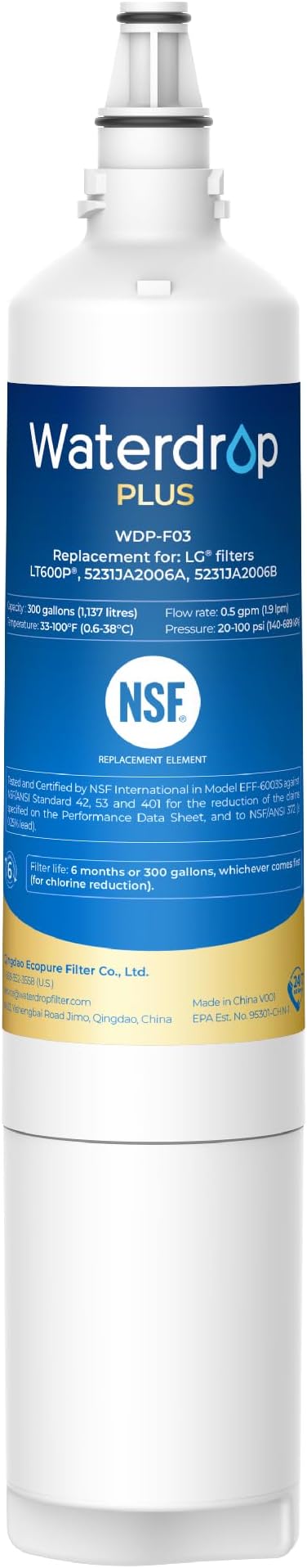 Waterdrop Plus 5231JA2006A NSF 401&53 Certified, Replacement for LG® LT600P®, KENMORE® 9990, 46-9990, WFC2001, LFX25960ST, rwf1000a Refrigerator Water Filter (Package May Vary)