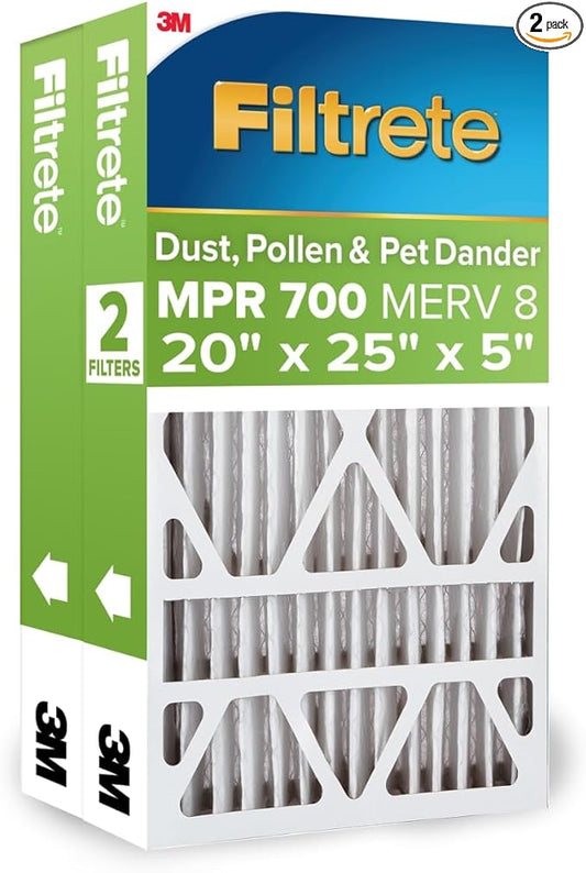 Filtrete 20x25x5 AC Furnace Air Filter, MPR 700, MERV 8, Fits Trion Air Bear & Carrier, Dust, Pollen & Pet Dander Reduction, 2-Pack (actual size 19.56 x 24.13 x 4.75 in)
