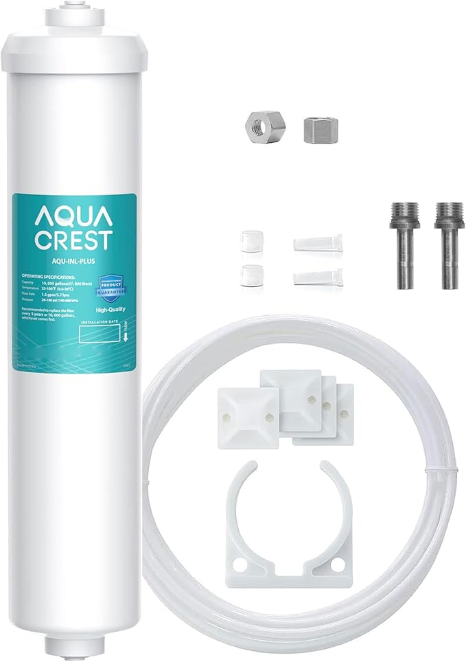 AQUACREST In-Line Water Filter for Refrigerator and Ice Maker, 5 years or 10,000 Gallons High Capacity, 1/4-Inch Direct Connect Fittings, Reduces Chlorine, Bad Taste & Odor