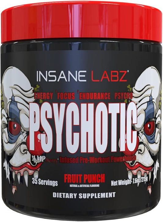 Insane Labz Psychotic, High Stimulant Pre Workout Powder, Extreme Lasting Energy, Focus and Endurance with Beta Alanine, Creatine Monohydrate DMAE, 35 Srvgs (Fruit Punch)